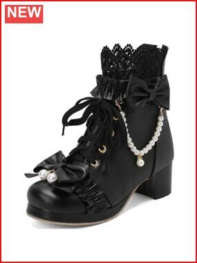 Cute Lolita Boots Chunky Mid Heel Lace Up Ankle Boots with Bow Kawaii Shoes